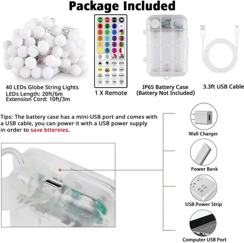 Vista 6 de OMIKA Guirnalda de luces de 20 pies, 40 LED de 24 colores cambiantes, funciona con pilas, luces de Navidad alimentadas por USB, cadena de luces