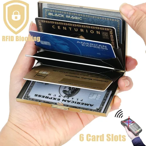Vista 62 de BONSYL® Soporte para tarjetas de crédito, cartera delgada de metal con bloqueo RFID, con 6 ranuras para tarjetas, para mujeres y hombres.