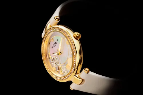 Vista 7 de Akribos Sunray Diamond Dial Reloj de mujer - Madre de perla centro y círculo lleno de cristal en una correa de cuero - AK434