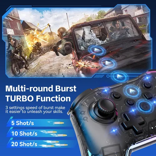 Vista 5 de Controlador inalámbrico para Switch/Lite/OLED/PC/Android/iOS - Gamepad ergonómico con iluminación RGB de 7 colores, ajuste de turbo/vibración