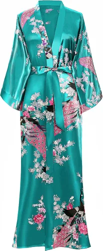 Vista 14 de BABEYOND Bata tipo kimono para mujer, bata larga de satén con estampado de pavo real y flores Verde
