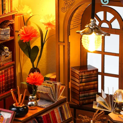 Vista 3 de Quanquer Kit de Casa en Miniatura: Rincón de Librería Libro Mágico con Muebles y Luz LED - Kits de Bricolaje para Adultos - Casa de Muñecas