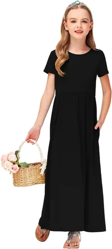 Vista 3 de Deerose Vestido largo casual de manga corta para niñas, con bolsillos, de 5 a 14 años