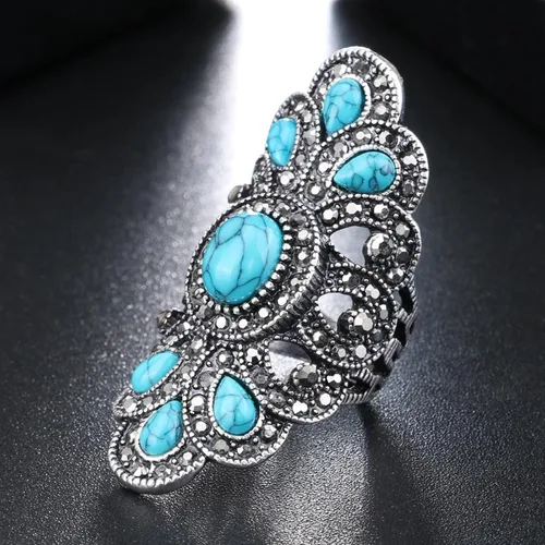 Vista 6 de LadayPoa Anillos vintage azul turquesa para mujer, anillos largos de flores gruesas, anillo de dedo bohemio retro grande, accesorios de joyería punk