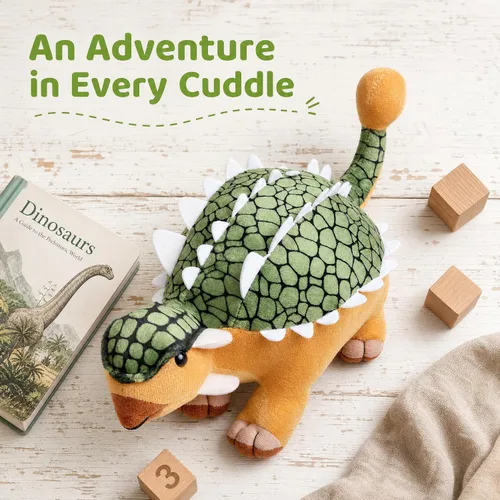 Vista 8 de Juguete de peluche de dinosaurio anquilosaurio de simulación, peluche de dragón de dinosaurio verde de 14 pulgadas, figuras de dinosaurio