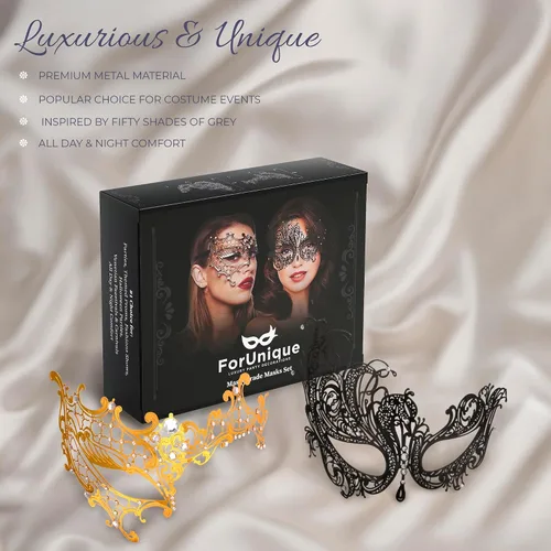 Vista 34 de Masquerade Mask for Couples Women and Men - 3 Pack Venetian Gold and Black Lace, Mardi Gras Mask