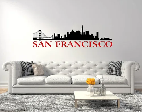 Vista 2 de Calcomanía de pared de silueta de San Francisco, calcomanía de pared de San Francisco, decoración de silueta de ciudad de moda negra, calcomanía