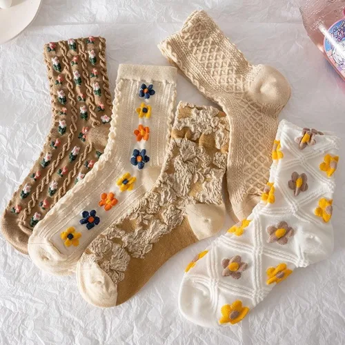 Vista 9 de Juego de 6 pares de calcetines de algodón transpirables de punto floral para mujeres y niñas