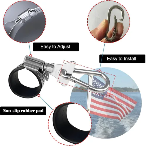 Vista 3 de Clips de bandera de látigo con abrazadera de mosquetón, clips de bandera para exterior, clips de poste de bandera de acero inoxidable para asta