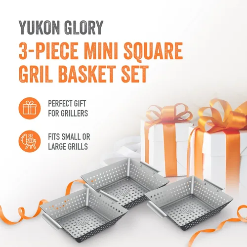 Vista 2 de Yukon Glory™ Juego de 3 cestas de parrilla cuadradas de acero inoxidable de 9 x 9 x 2 pulgadas para parrilla al aire libre – Cesta perforada