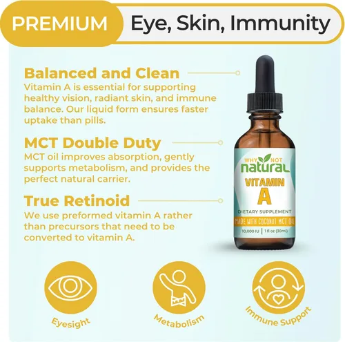 Vista 2 de Why Not Natural Vitamina A Drops 10000 UI - Palmitato de retinilo líquido con aceite de coco MCT, VIT vegano Un suplemento para la piel - 1 oz