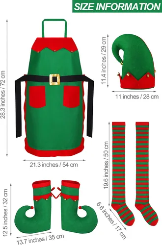 Vista 2 de Hiwooii - Disfraz de elfo de Navidad para adulto, disfraz de ayudante de Papá Noel, incluye sombrero de delantal de elfo con cascabel, zapatos