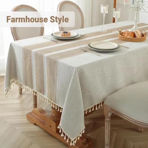 Vista 2 de Laolitou - Mantel de lino de algodón impermeable para mesa de comedor, rústico, estilo de granja, mantel rectangular para cocina, mesas de café