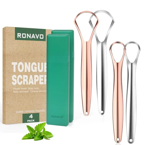 Vista 14 de RONAVO Raspador de lengua para adultos (4 unidades), raspador de lengua de metal resistente al óxido (fundas de viaje incluidas) reduce el mal