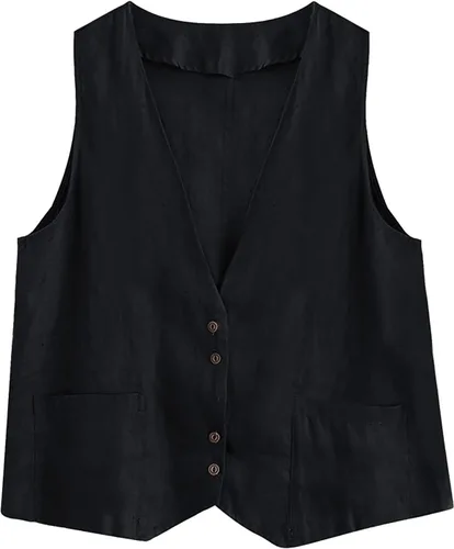 Vista 67 de COTECRAM Chaleco de lino de algodón para mujer, casual, sin mangas, con botones, ligero, para verano, holgado, ropa de abrigo