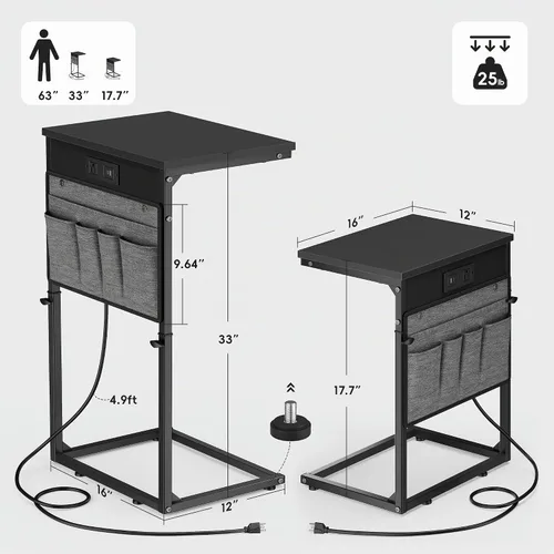 Vista 3 de Vagusicc - Mesa auxiliar en forma de C con estación de carga, mesa lateral de altura ajustable para sofá, mesa pequeña para sofá con laptop