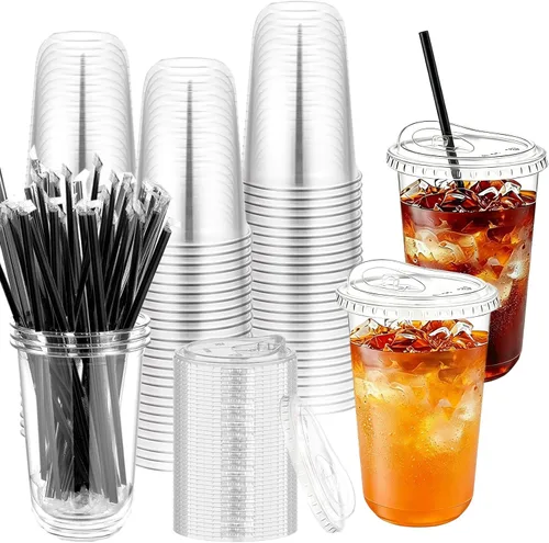 Vista 10 de Juego de 100 vasos de plástico transparente de 16 onzas con tapas para sorbos y popotes, tazas de café helado desechables con tapas para bebidas