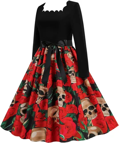 Vista 3 de Vestido de Halloween para mujer estampado de moda manga larga cuello cuadrado vestido casual con dobladillo