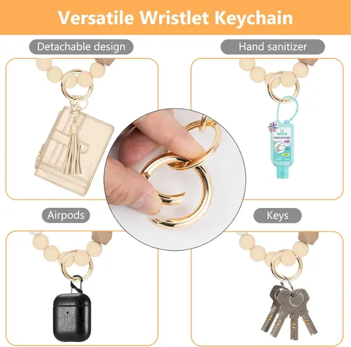 Vista 5 de KNGITRYI Cartera llavero pulsera para mujer, delgado RFID tarjeta de crédito, monedero, borla llavero brazalete para hombres y mujeres, Dorado, Rfid
