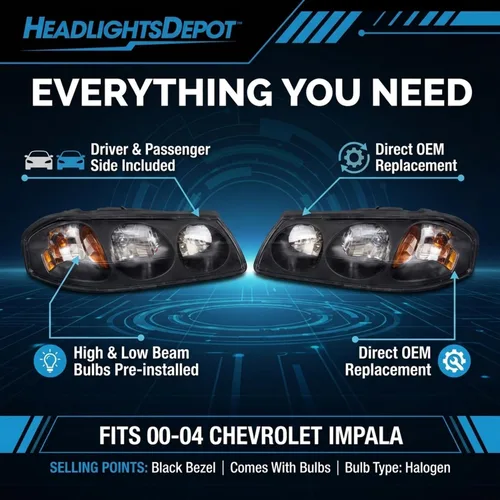 Vista 2 de HEADLIGHTSDEPOT Juego de faros halógenos compatible con Chevrolet Impala 2000-2004