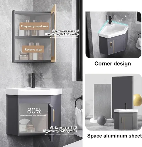 Vista 3 de Armario de tocador de baño de esquina con fregadero y armario con espejo LED, mueble de tocador de esquina con lavabo, armario de lavabo de baño