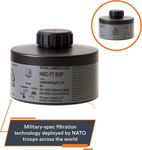 Vista 3 de MIRA Safety - NBC-77 SOF - Filtro único de máscara de gas de 40 mm - Filtros especiales combinados de respirador CBRN - Tamaño estándar OTAN