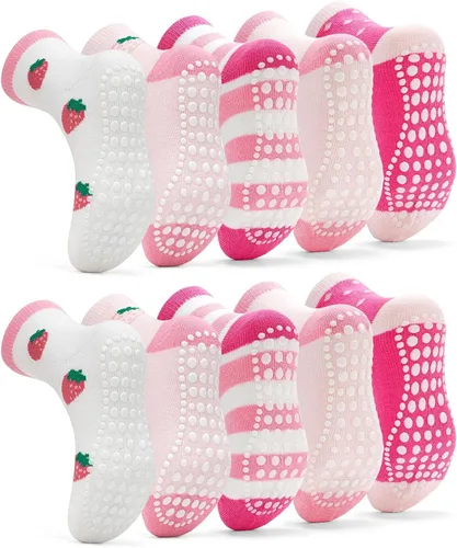 Vista 9 de Sosenfer Calcetines antideslizantes para niños pequeños con pinzas, 5-10 pares de calcetines antideslizantes para bebés de 1 a 7 años, hechos