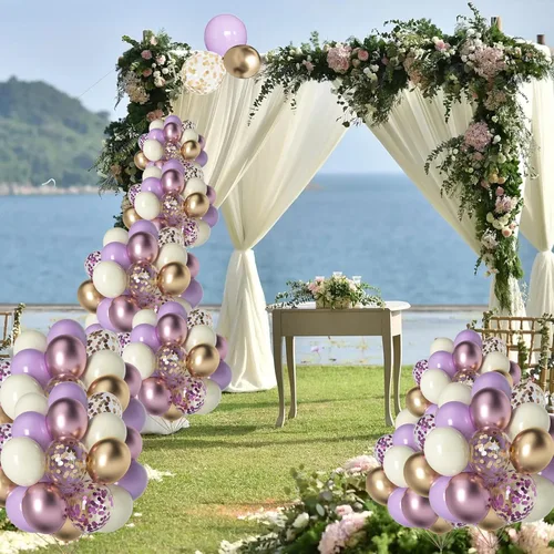 Vista 6 de Globos morados y dorados: 60 globos metálicos de lavanda y champán de 12 pulgadas con confeti para graduaciones, bodas, cumpleaños y celebraciones