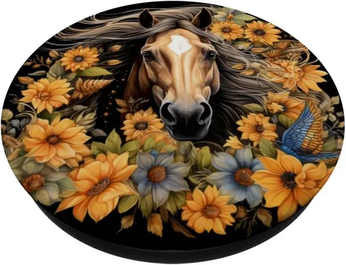 Vista 2 de Buckskin Caballo Girasol Acuarela Amantes Pájaro Floral Niña PopSockets Estándar PopGrip