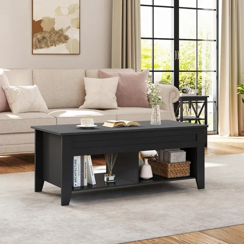 Vista 2 de Yaheetech Mesa de centro de madera negra elevable, con almacenamiento oculto y 2 estantes abiertos para sala de estar, recepción, oficina, 39.5