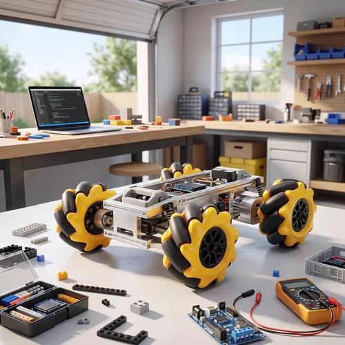 Vista 4 de Mecanum Wheel Robot Kit con ruedas omnidireccionales de 2.362 in para proyectos STEM de motor TT Construir autos inteligentes y robots