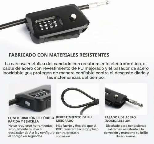 Vista 3 de Candado de cable pitón de 6 pies para bicicleta, bicicleta, scooter, bloqueo de cámara de sendero, candado de combinación de 4 dígitos, antirrobo