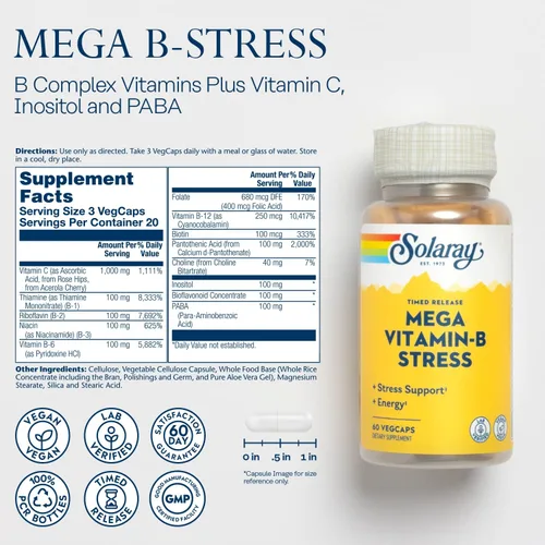 Vista 3 de SOLARAY Mega Vitamina B-Estrés, Complejo vitamínico B de liberación programada con 1000 mg de vitamina C para el estrés, la energía y el apoyo a