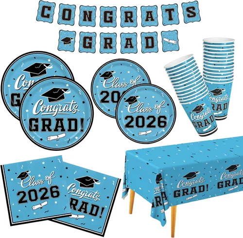 Vista 16 de Decoraciones de graduación de clase de 2026, juego de vajilla de fiesta de graduación de graduación negro y dorado, platos de papel desechables