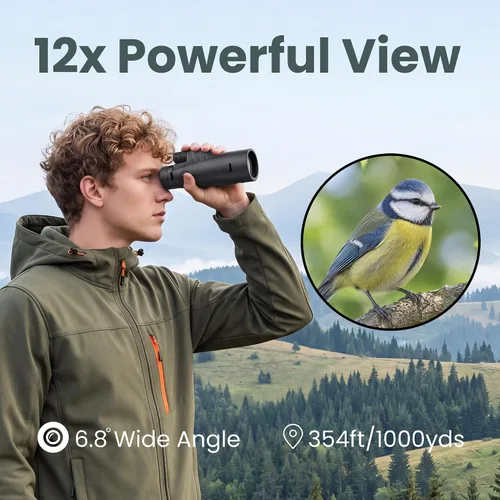 Vista 2 de Monocular compacto de 12 x 52 para adultos de alta potencia con visión Prisma BAK4, lente FMC, con adaptador de teléfono, trípode, correa de mano