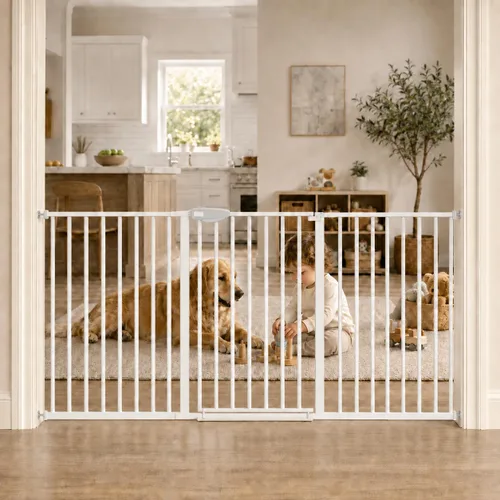 Vista 10 de WAOWAO Triple Lock 49.21-66.54 pulgadas, puerta para bebé extra ancha montada a presión, de paso con bisagra, cierre automático, seguridad de metal