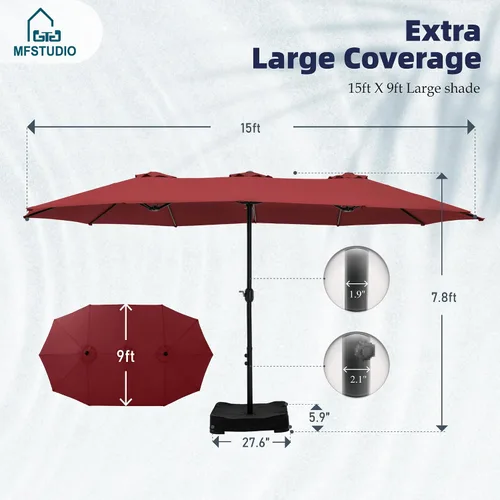 Vista 6 de MFSTUDIO Sombrilla de patio de 15 pies con base incluida, sombrilla rectangular grande de mercado de doble cara para exteriores con mango