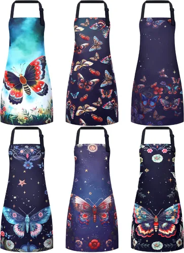 Vista 11 de Bencailor 6 delantales de cocina de verano con bolsillos, diseño de flores, gallo, abeja, mariposa, girasol, delantales de verano a granel