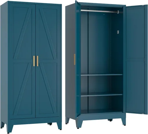 Vista 11 de COFaR Armario Armario con cajones y barra para colgar, armario de metal de 71 pulgadas con puertas y estante ajustable, armario de granja para Blanco