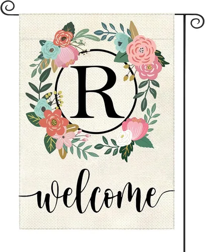 Vista 22 de Bandera de jardín con letra monograma, floral, 12 x 18 pulgadas, doble cara para exterior, pequeña de arpillera, familia, apellido, bandera inicial