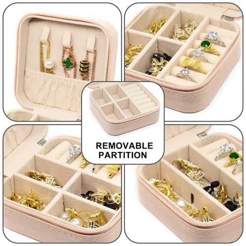 Vista 5 de Joyero pequeño estuche de joyería portátil de viaje para anillo dije aretes collar organizador de pulseras cajas de almacenamiento 1 unidad rosa