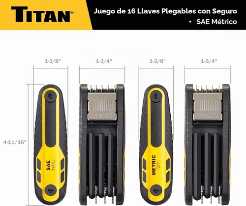 Vista 5 de Titan 12774 Juego de llaves Allen plegables de 16 piezas, métricas y SAE, juegos de llaves hexagonales con bloqueo a 90°, 135° y 180° mediante dos