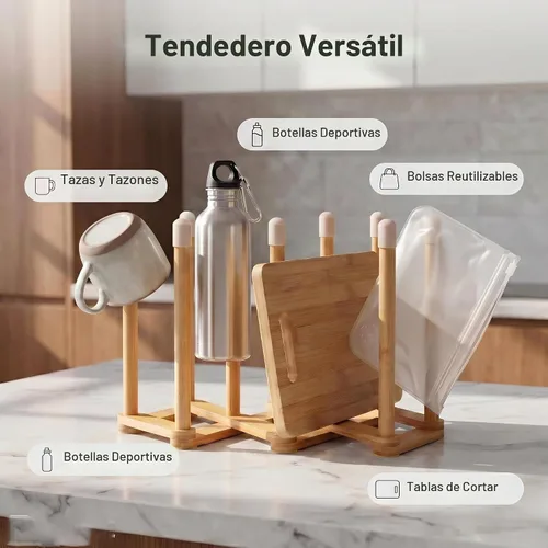 Vista 7 de Estante de secado retráctil de bambú para botellas y platos, soporte para escurridor de botellas de agua deportivas y tazas, estante de secado