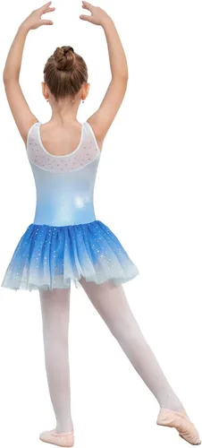 Vista 3 de EQSJIU Leotardo de ballet con falda tutú para niñas, para baile, gimnasia, niños pequeños, vestido de fiesta con copos de nieve brillantes