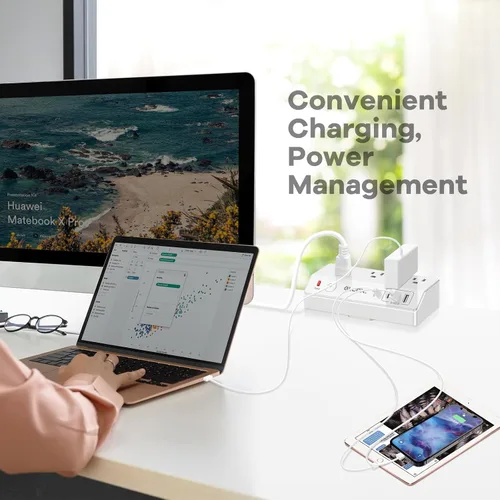 Vista 5 de Regleta de alimentación USB C 20 W PD – Protector de sobretensiones extraíble con 4 tomacorrientes 4 puertos USB – Enchufe multitoma de corriente