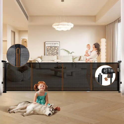 Vista 2 de Puerta retráctil para bebés de 120" extra ancha, puerta retráctil para perros de 41" de altura para escaleras, puertas, terrazas, puerta de malla