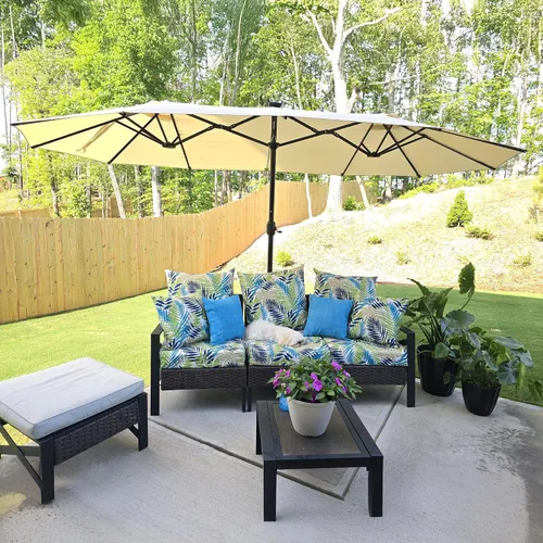 Vista 20 de PURPLE LEAF - Sombrilla de mercado de patio de 13 pies con base rectangular doble cara, sombrilla de mesa para exteriores con manivela, 12 varillas