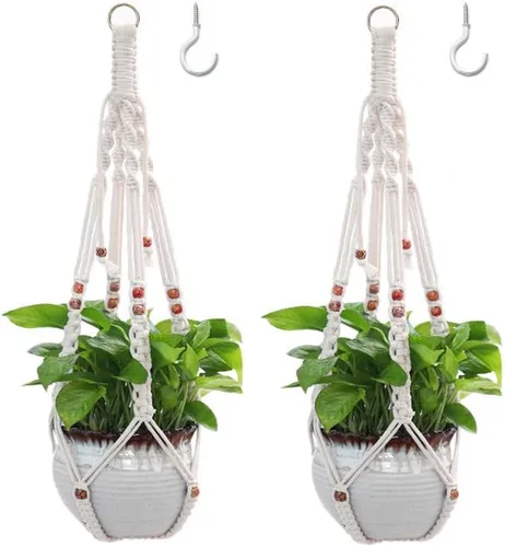 Vista 10 de Belit Paquete de 2 perchas dobles de macramé para plantas, cesta colgante de 2 niveles, cesta decorativa para macetas, cuerda para decoración