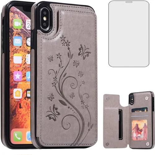 Vista 8 de Funda de teléfono para iPhone Xs Max de 6.5 pulgadas 2018 con protector de pantalla de vidrio templado, tarjetero con tapa de cuero para celular i X