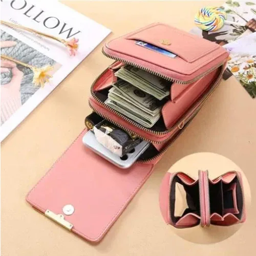 Vista 2 de Bolsa de cuero antirrobo, pequeña bolsa cruzada para teléfono celular para mujer con pantalla táctil
